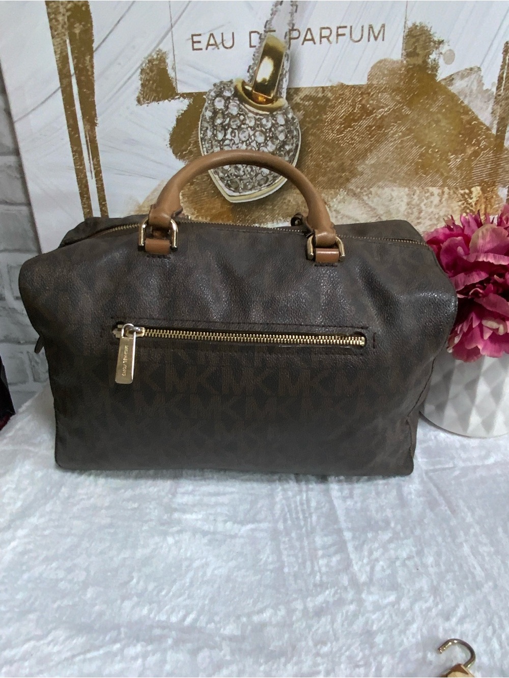 Michael Kors Dark Brown Monogram Satchel with Tan Handles - Picture 2 of 14